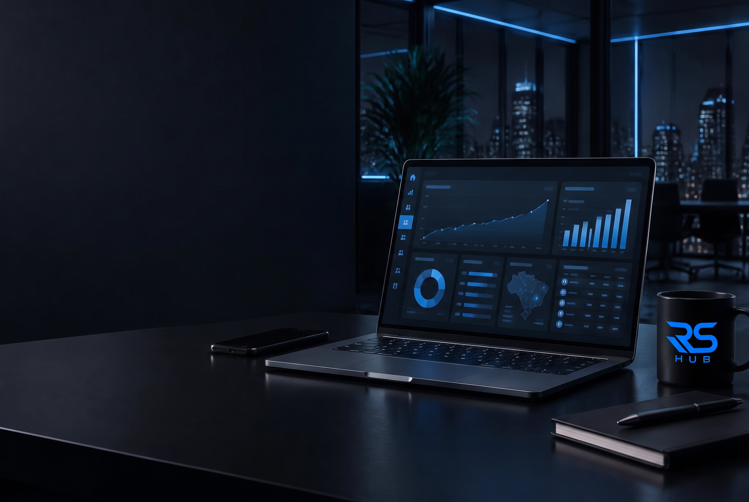 Notebook exibindo um sistema de gestão RS Hub